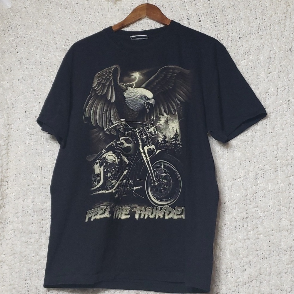 Men's feel the thunder eagle motorcycle black vintage short sleeve tee xl